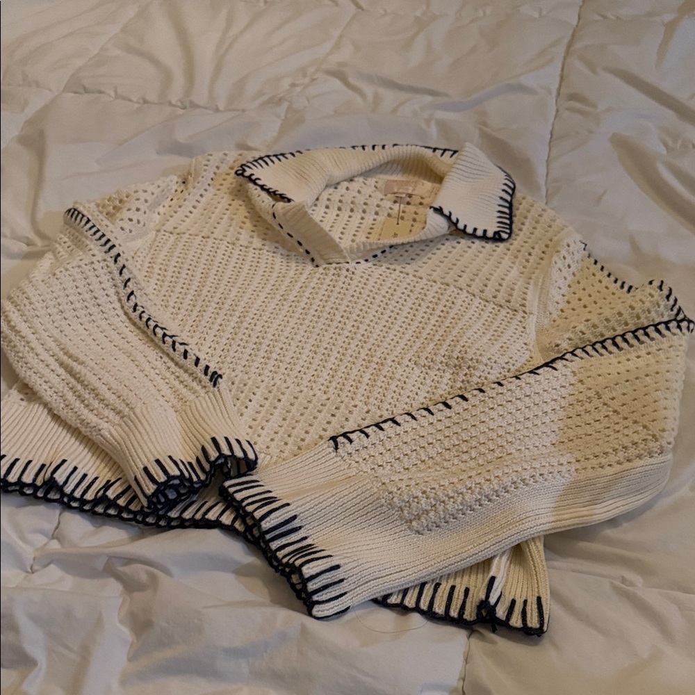 Francesca's Collections open-stitch Cream Sweater with Navy Accents